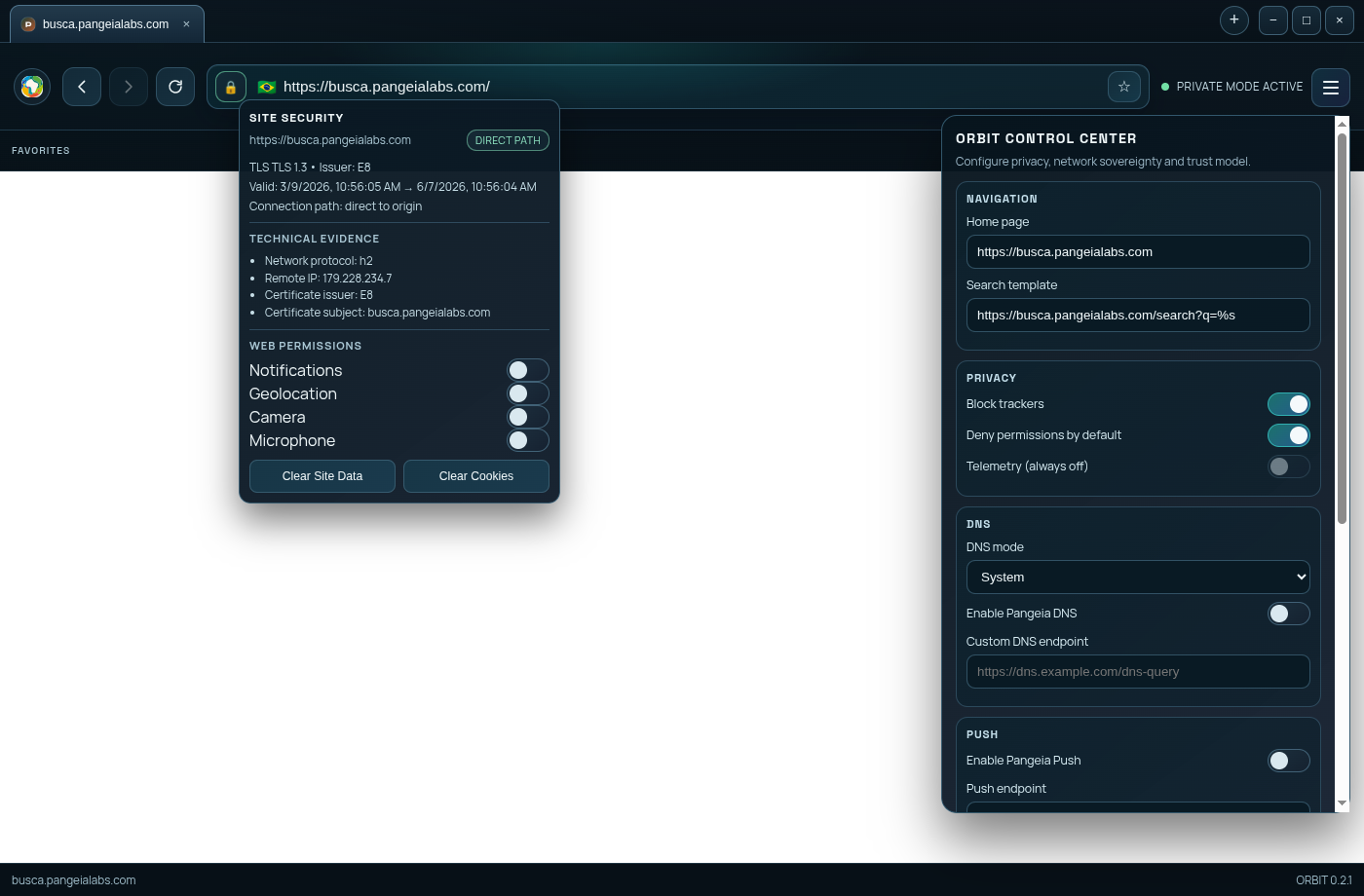 Captura de tela do Orbit em execução, com controles de segurança e privacidade
